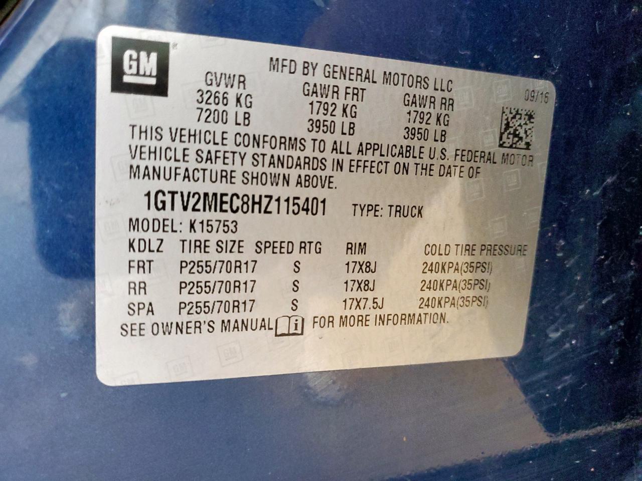 2017 GMC Sierra K1500 Sle VIN: 1GTV2MEC8HZ115401 Lot: 81968985