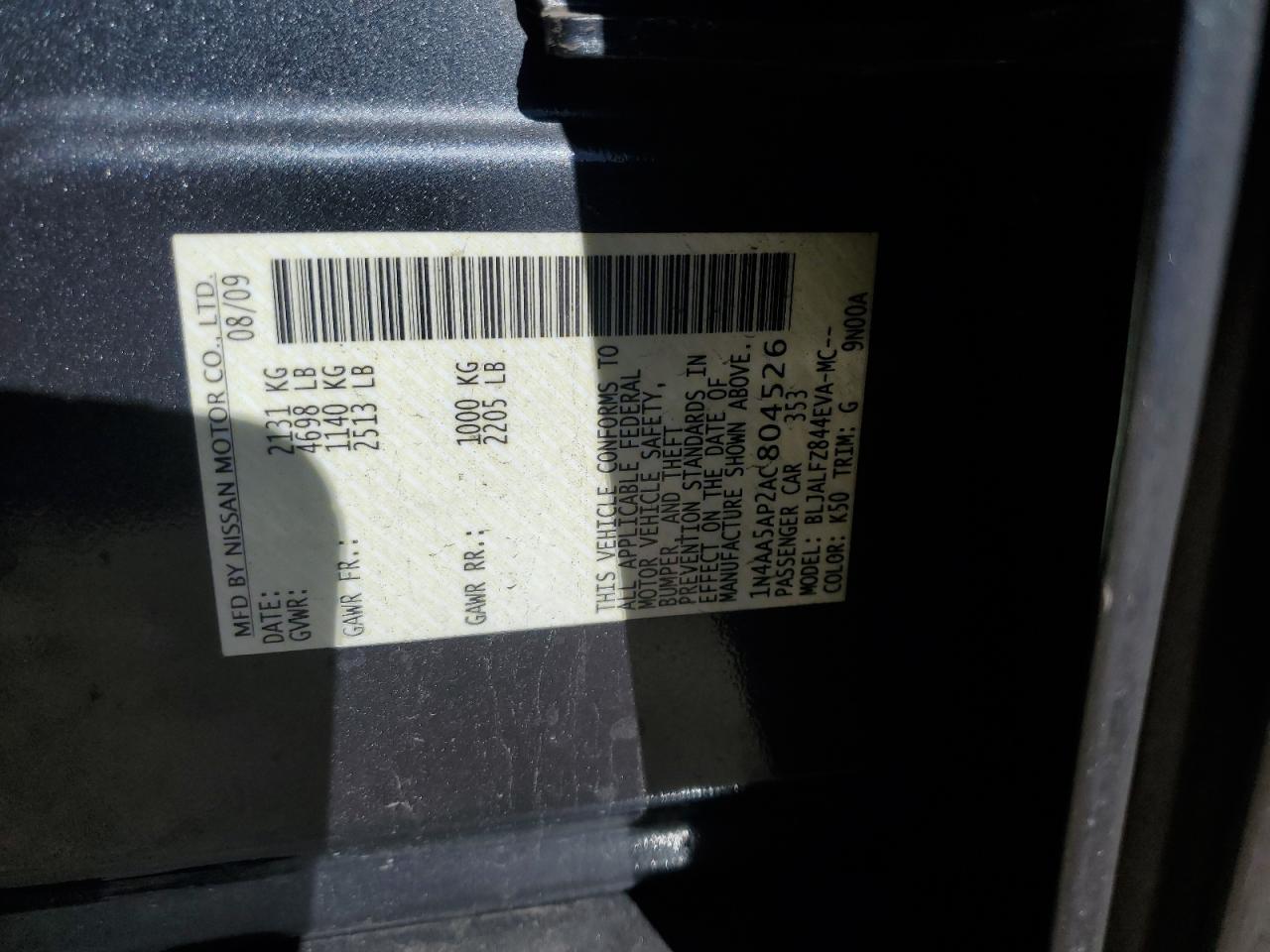 2010 Nissan Maxima S VIN: 1N4AA5AP2AC804526 Lot: 90341345