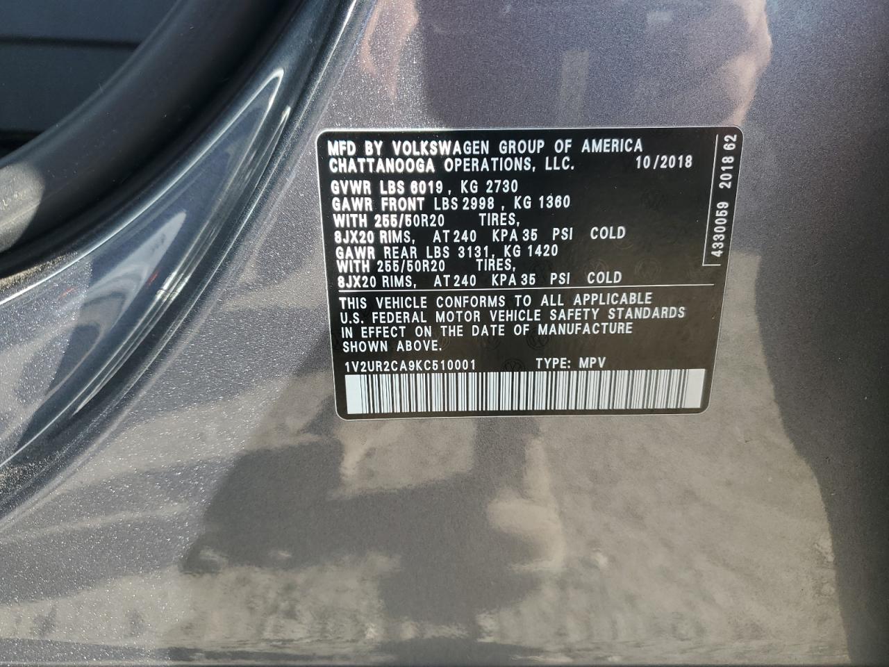 2019 Volkswagen Atlas Se VIN: 1V2UR2CA9KC510001 Lot: 84933765