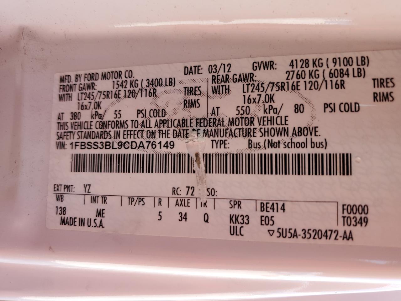 2012 Ford Econoline E350 Super Duty Wagon VIN: 1FBSS3BL9CDA76149 Lot: 82611975