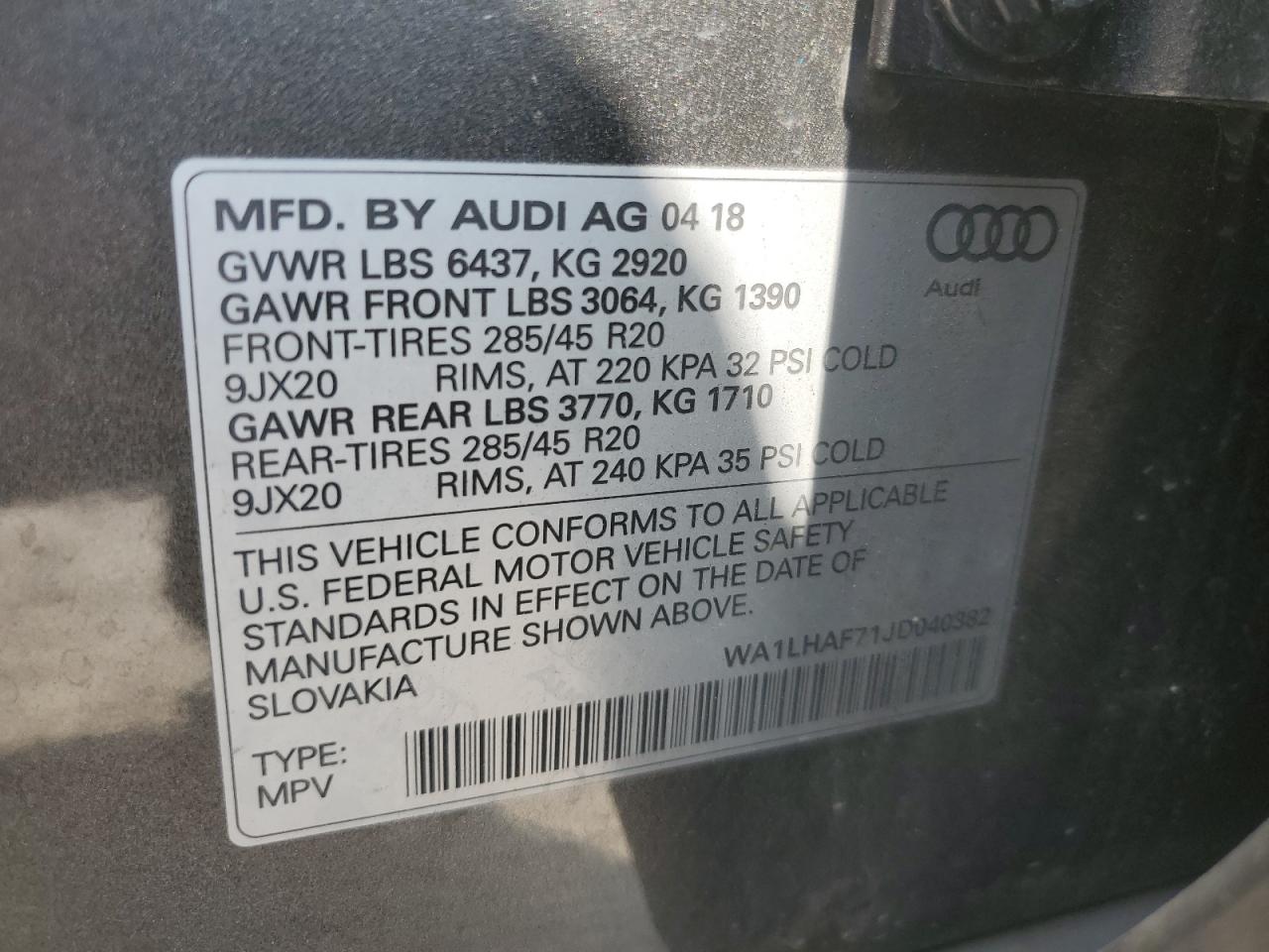 2018 Audi Q7 Premium Plus VIN: WA1LHAF71JD040382 Lot: 89474125