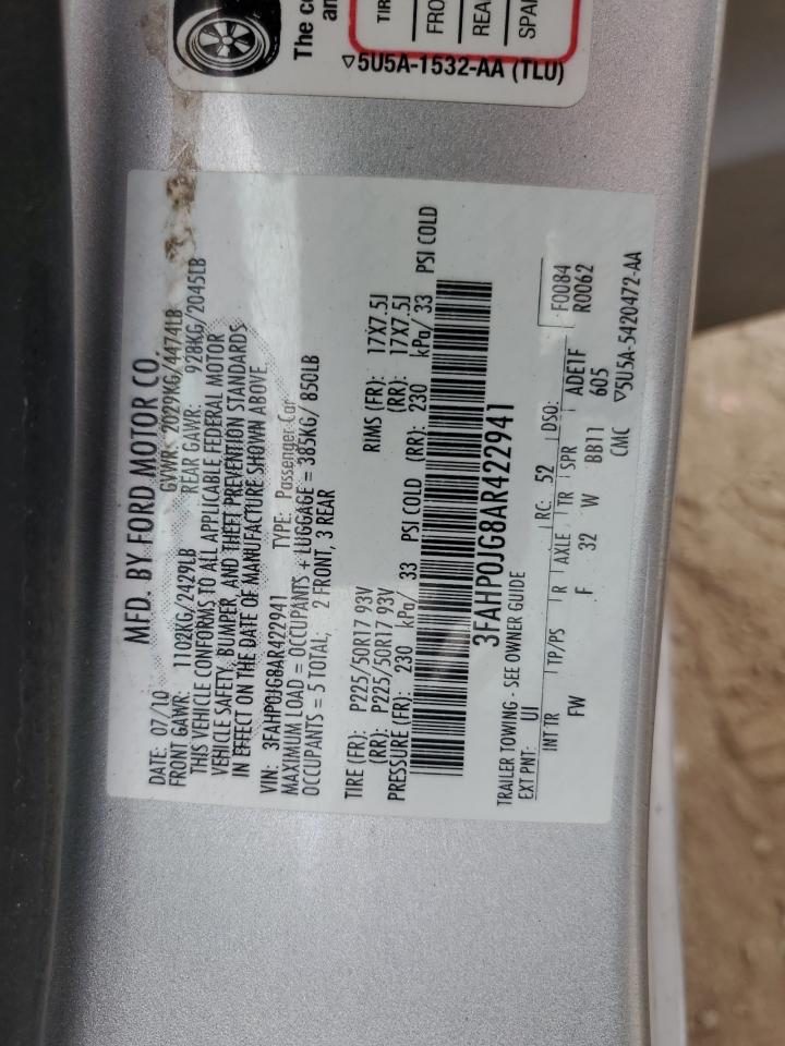 2010 Ford Fusion Sel VIN: 3FAHP0JG8AR422941 Lot: 84983945