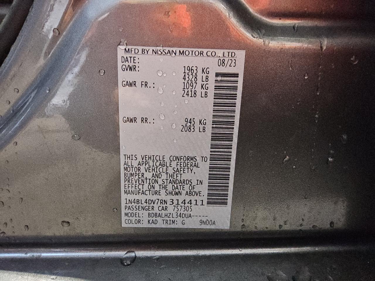 2024 Nissan Altima Sv VIN: 1N4BL4DV7RN314411 Lot: 86314705