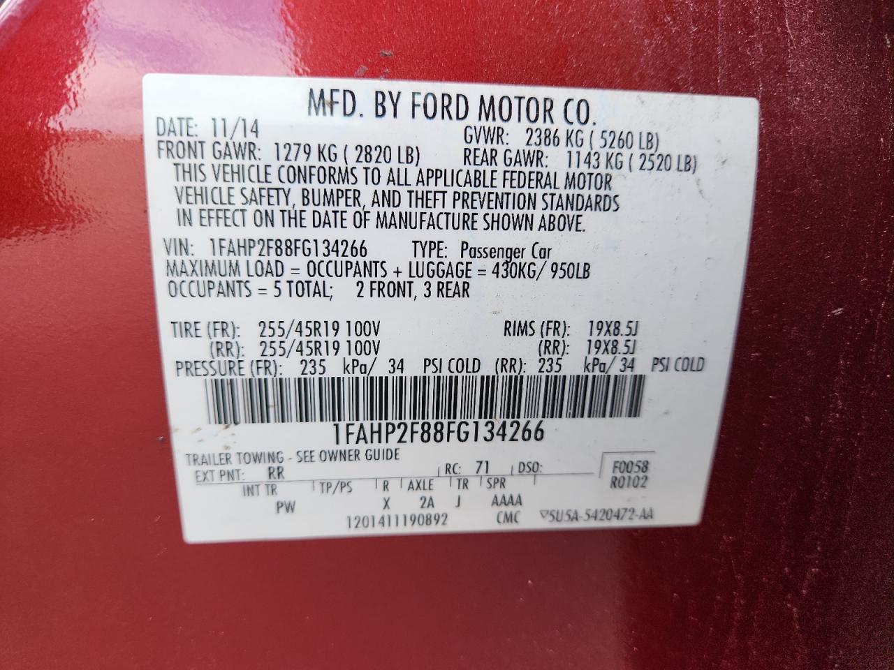 2015 Ford Taurus Limited VIN: 1FAHP2F88FG134266 Lot: 84922335