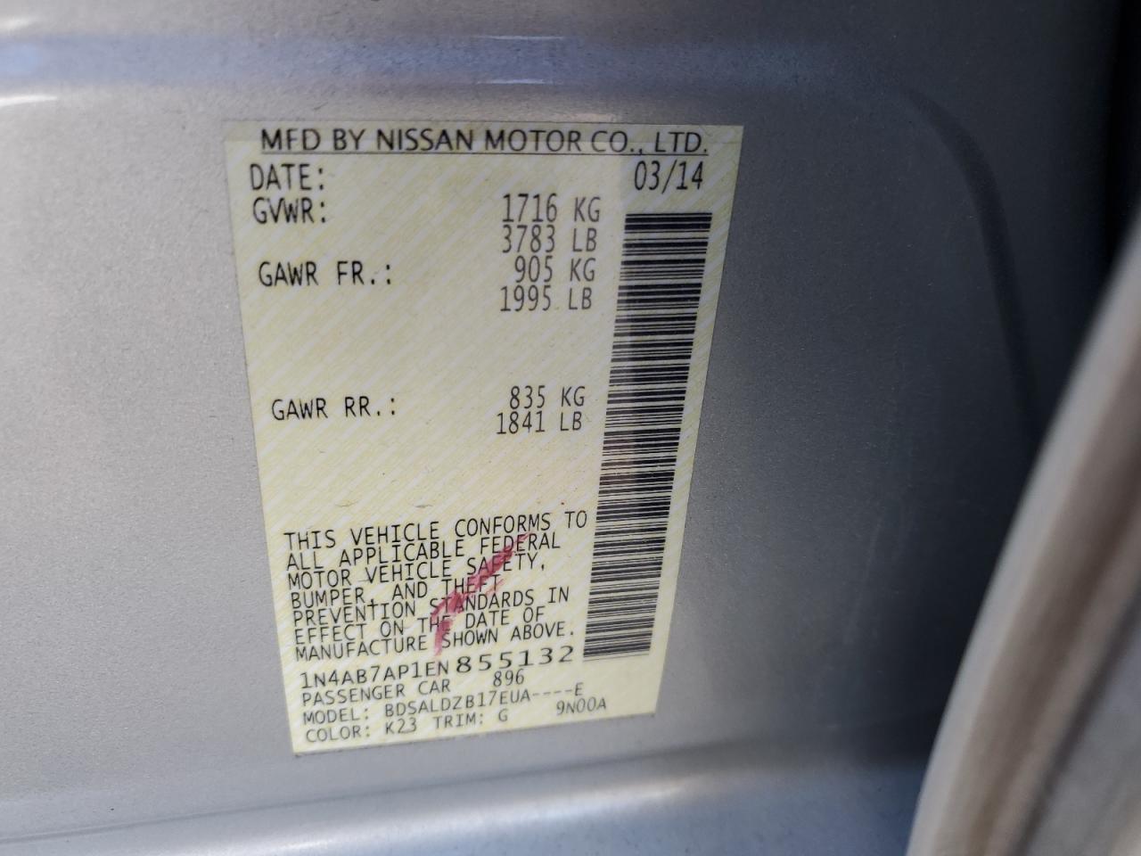 2014 Nissan Sentra S VIN: 1N4AB7AP1EN855132 Lot: 82381875