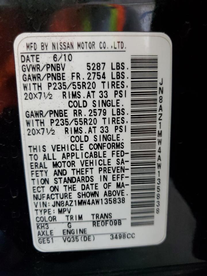 2010 Nissan Murano S VIN: JN8AZ1MW4AW135838 Lot: 82176995