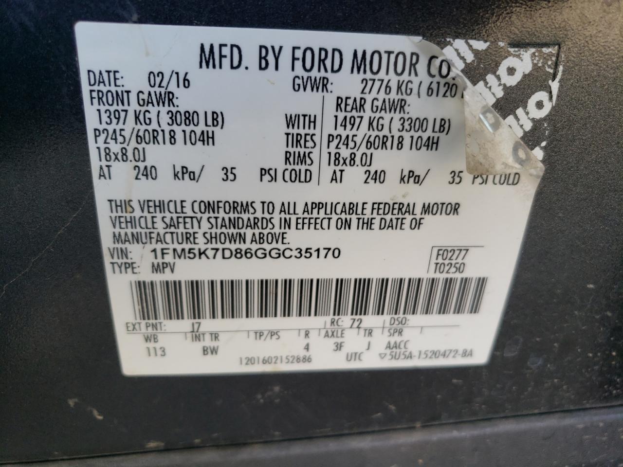 2016 Ford Explorer Xlt VIN: 1FM5K7D86GGC35170 Lot: 87091975