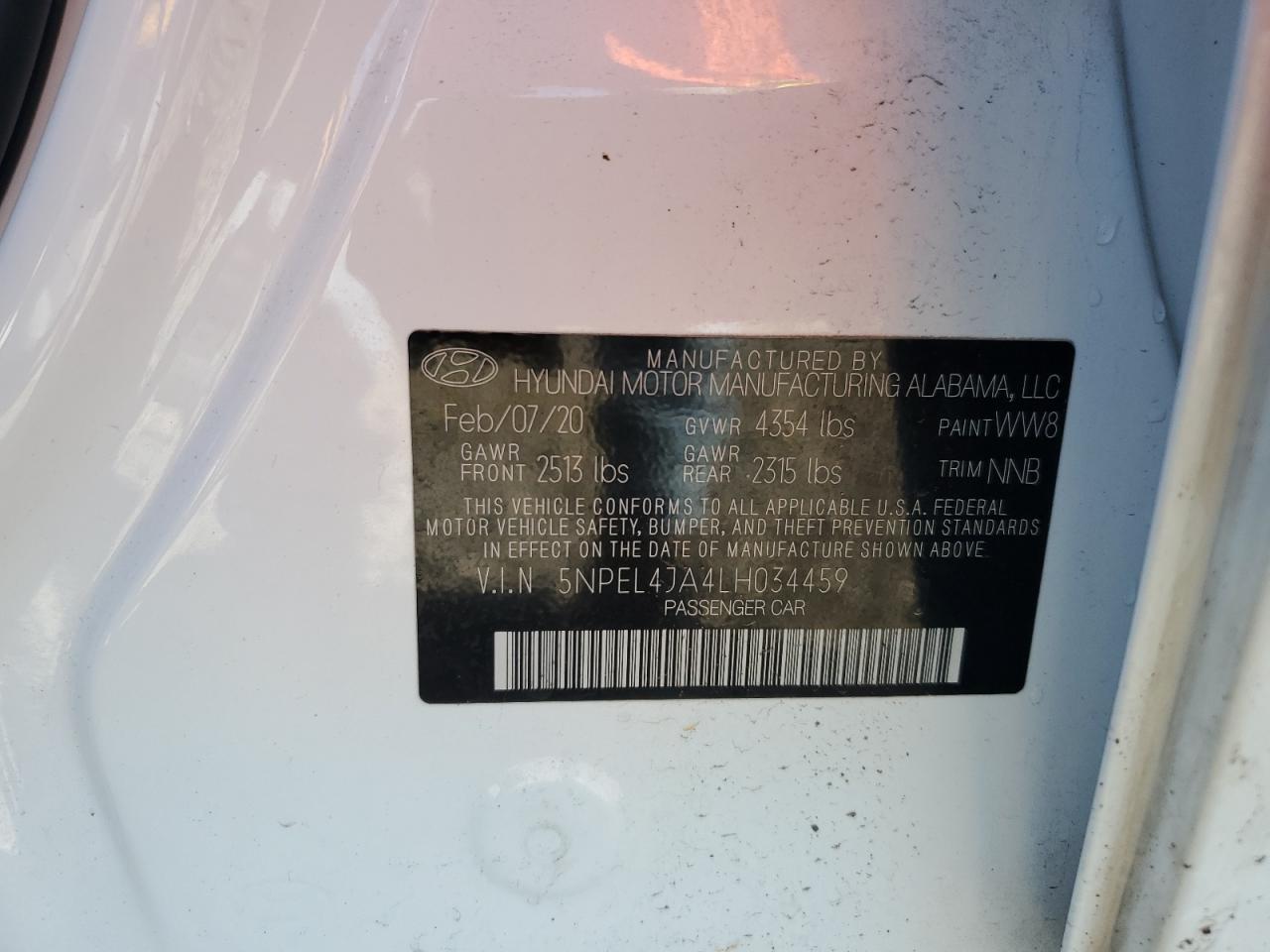 2020 Hyundai Sonata Sel VIN: 5NPEL4JA4LH034459 Lot: 84707145