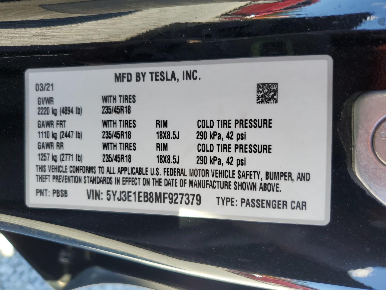 2021 Tesla Model 3 VIN: 5YJ3E1EB8MF927379 Lot: 82362085