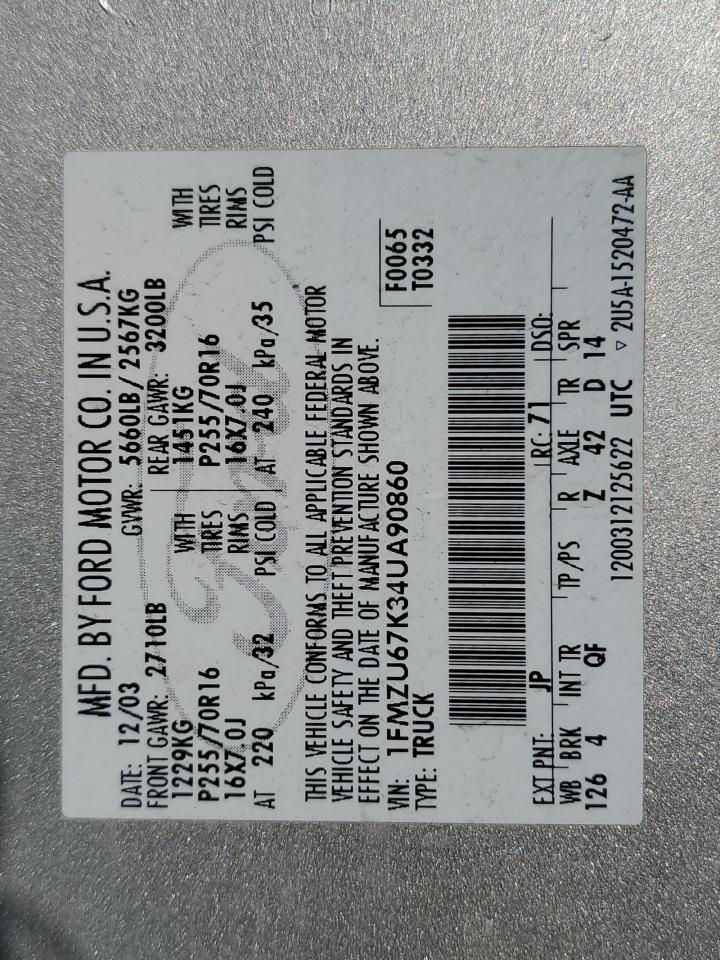 2004 Ford Explorer Sport Trac VIN: 1FMZU67K34UA90860 Lot: 90526555