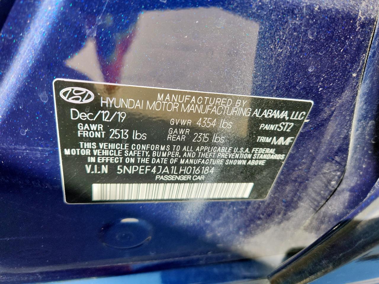 2020 Hyundai Sonata Sel VIN: 5NPEF4JA1LH016184 Lot: 85921605