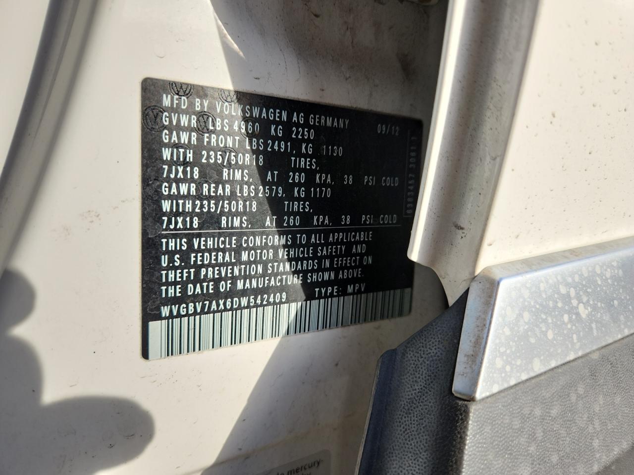 2013 Volkswagen Tiguan S VIN: WVGBV7AX6DW54209 Lot: 89494025