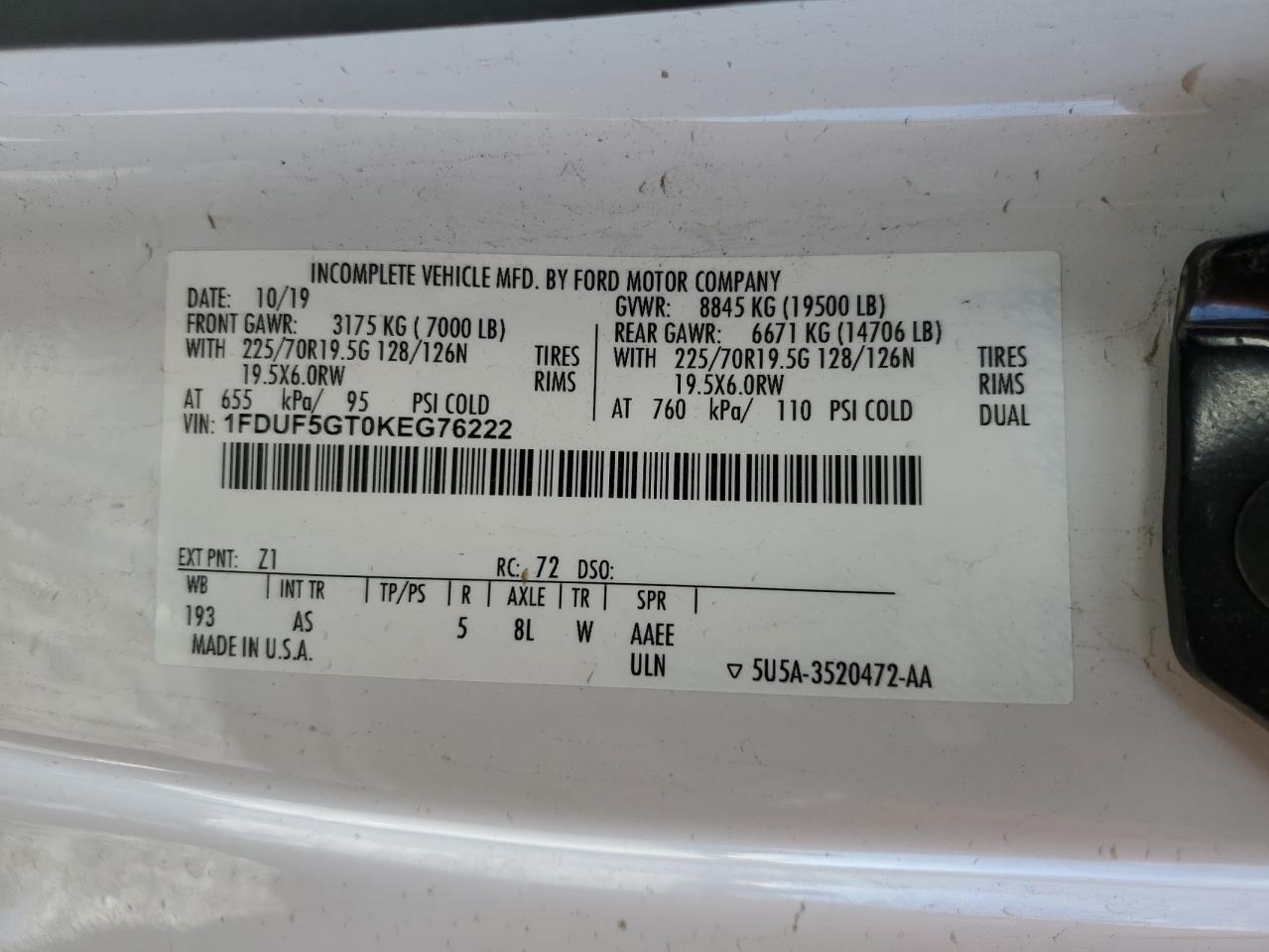 2019 Ford F550 Super Duty VIN: 1FDUF5GT0KEG76222 Lot: 84914215