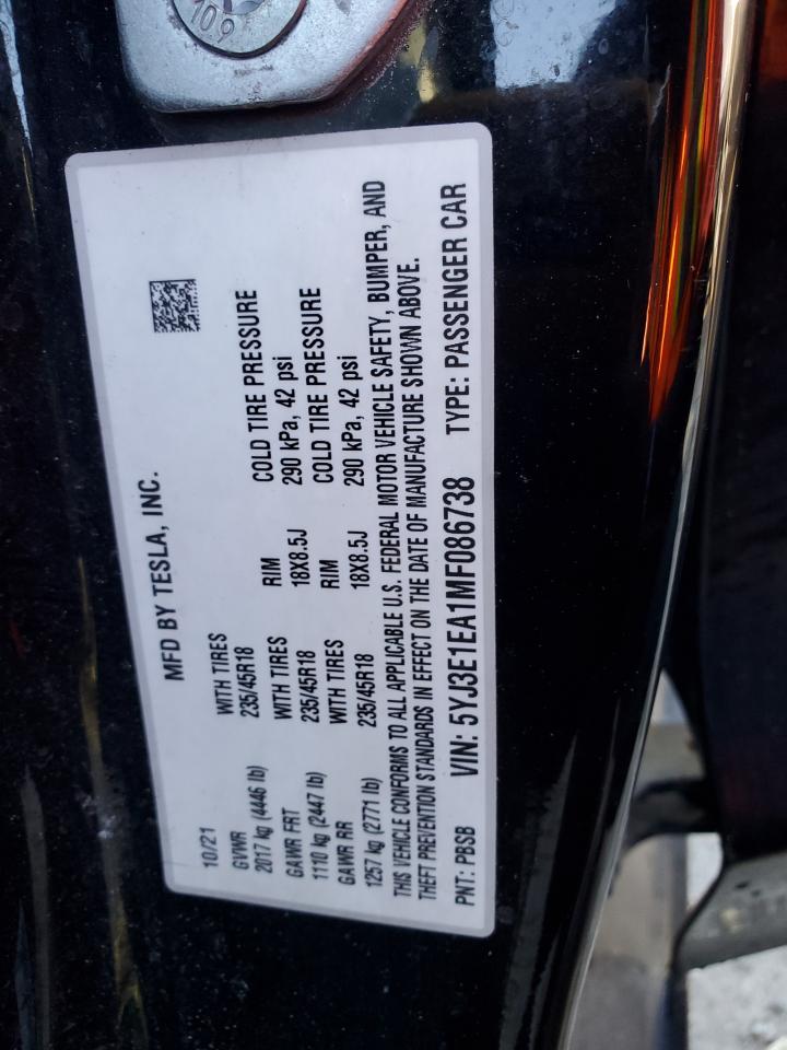 2021 Tesla Model 3 VIN: 5YJ3E1EA1MF086738 Lot: 84358695