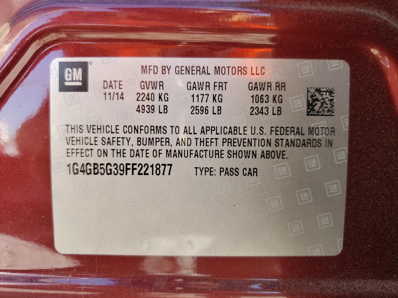 2015 Buick Lacrosse VIN: 1G4GB5G39FF221877 Lot: 82001115