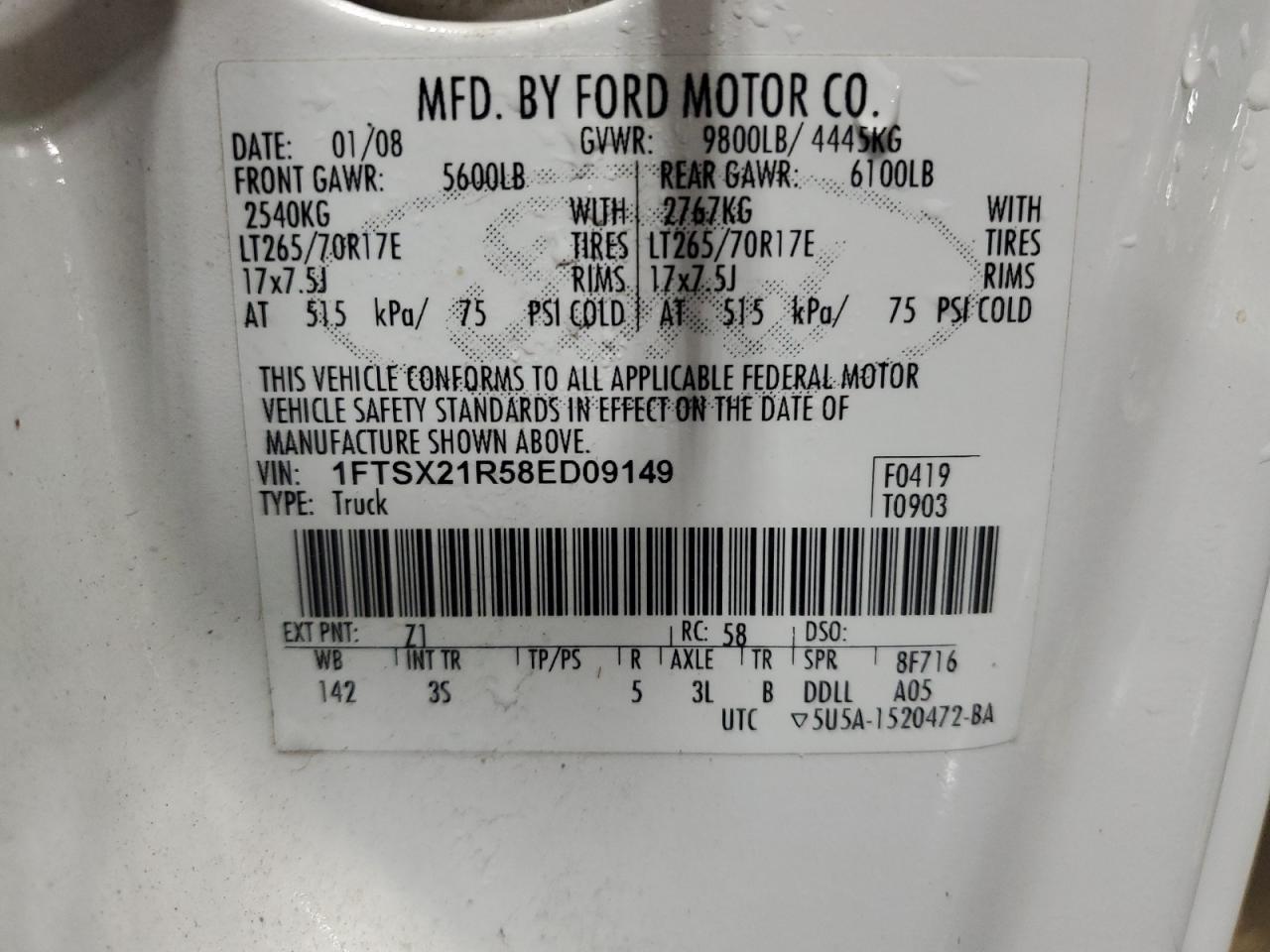 2008 Ford F250 Super Duty VIN: 1FTSX21R58ED09149 Lot: 86681275