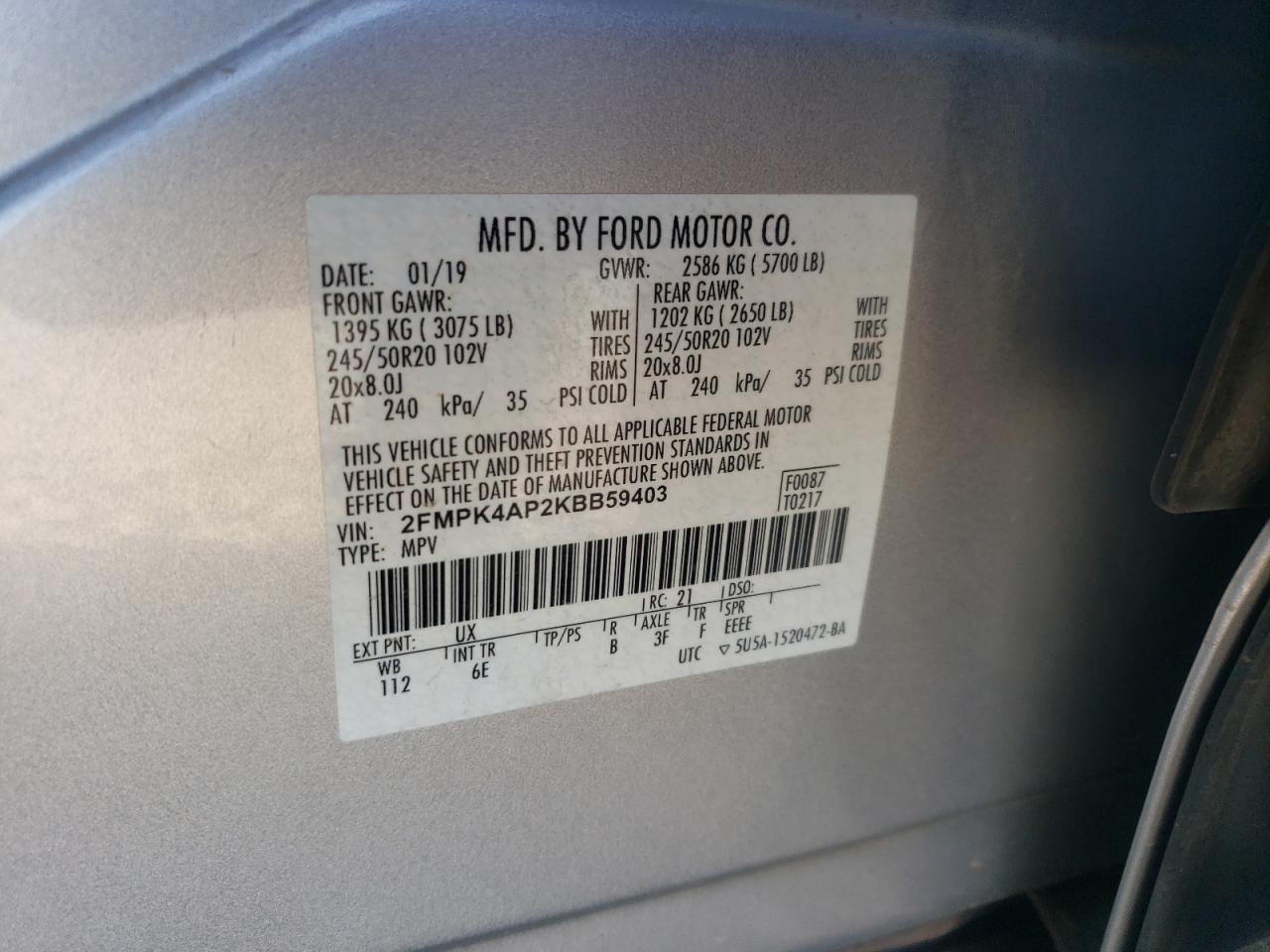 2019 Ford Edge St VIN: 2FMPK4AP2KBB59403 Lot: 86767345
