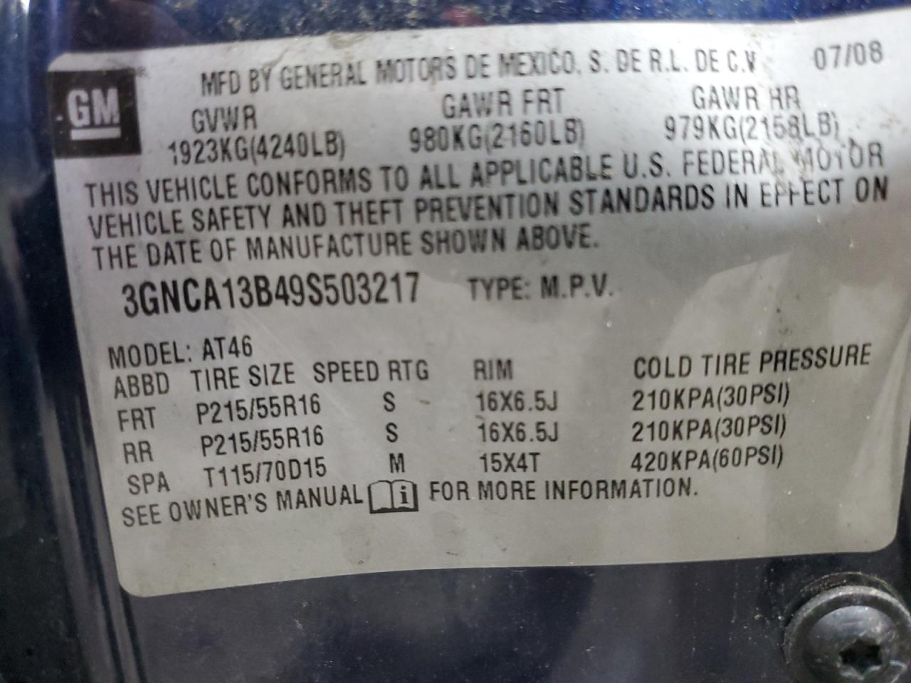 2009 Chevrolet Hhr Ls VIN: 3GNCA13B49S503217 Lot: 86766245