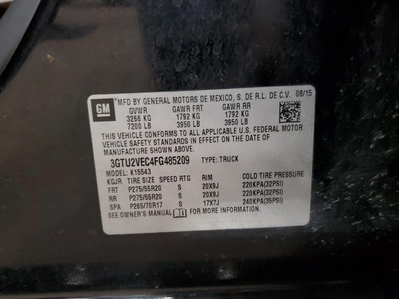 2015 GMC Sierra K1500 Slt VIN: 3GTU2VEC4FG485209 Lot: 86536545