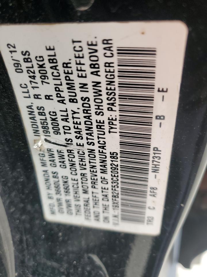 2012 Honda Civic Lx VIN: 19XFB2F53CE092185 Lot: 85080635