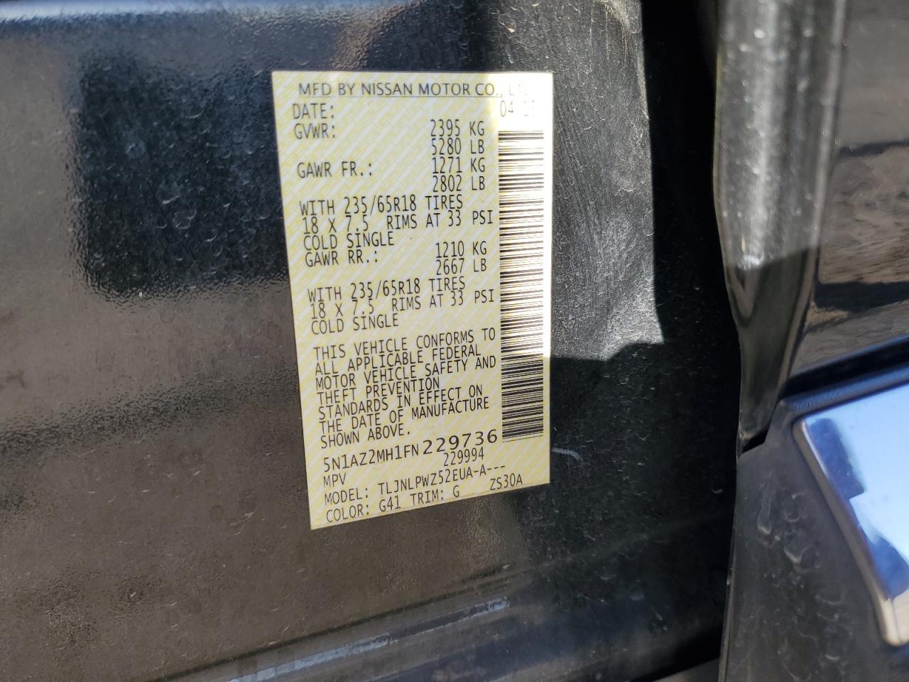 2015 Nissan Murano S VIN: 5N1AZ2MH1FN229736 Lot: 86276805