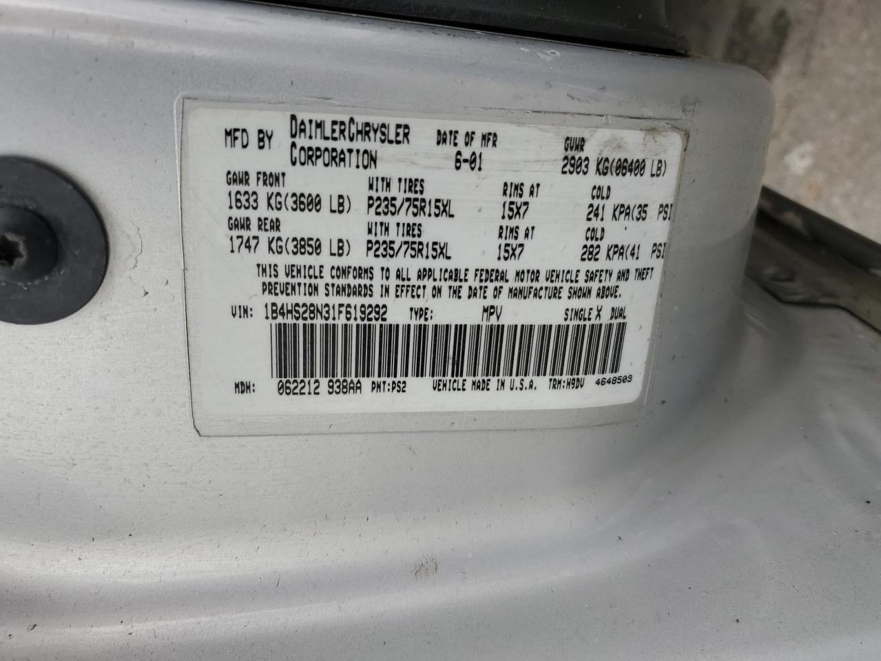 2001 Dodge Durango VIN: 1B4HS28N31F619292 Lot: 82333835