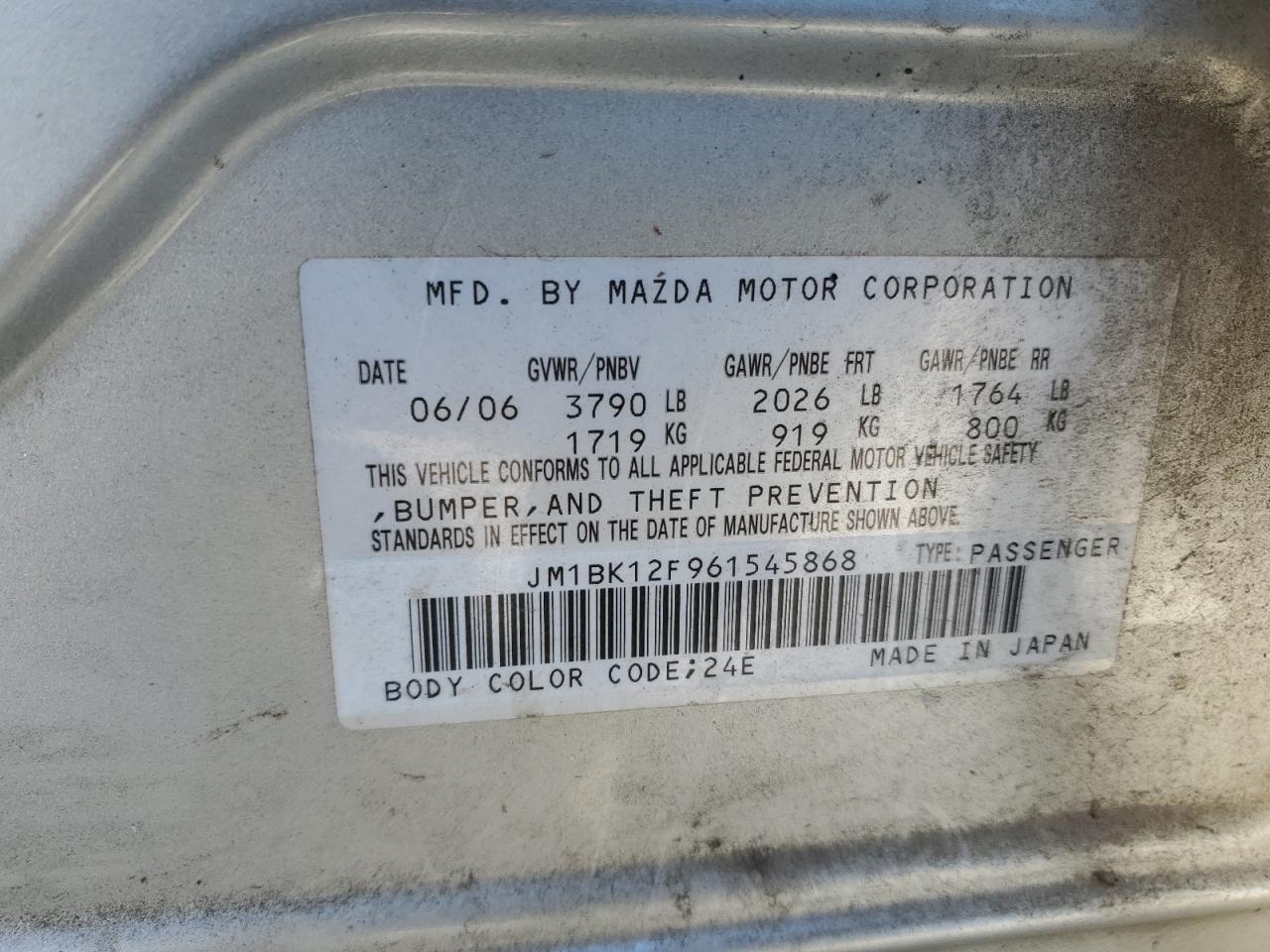 2006 Mazda 3 I VIN: JM1BK12F961545868 Lot: 85874995