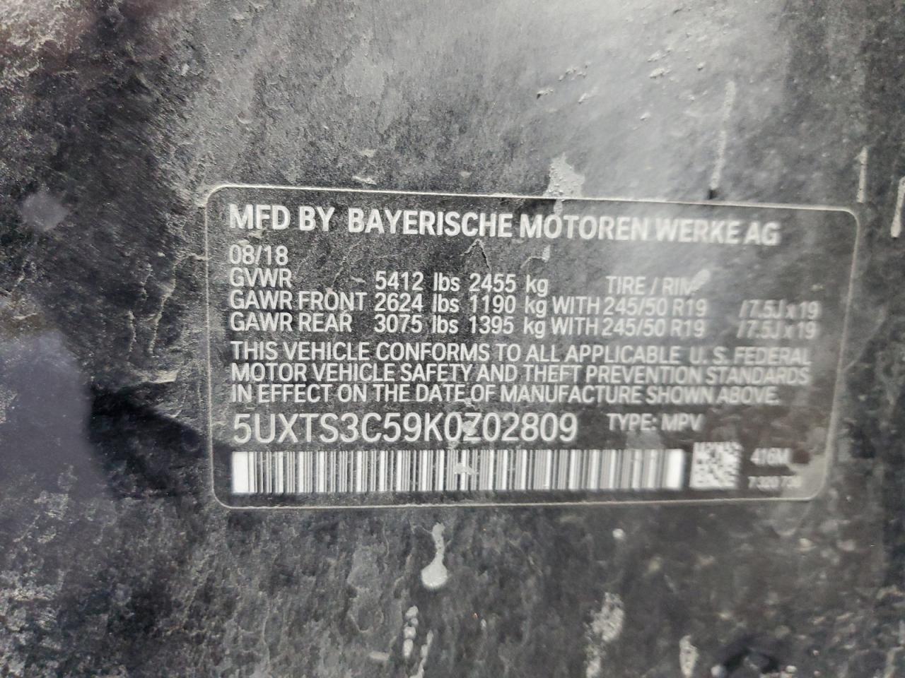 2019 BMW X3 xDrivem40I VIN: 5UXTS3C59K0Z02809 Lot: 84791115