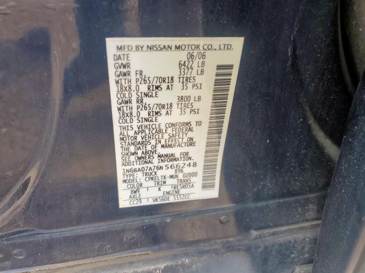 2006 Nissan Titan Xe VIN: 1N6BA07A76N566248 Lot: 85550975