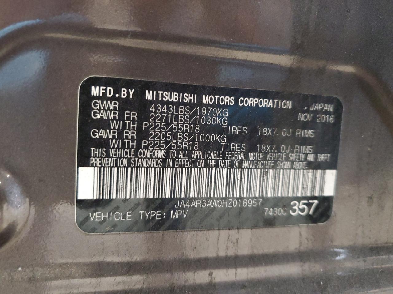 2017 Mitsubishi Outlander Sport Es VIN: JA4AR3AW0HZ016957 Lot: 86597575