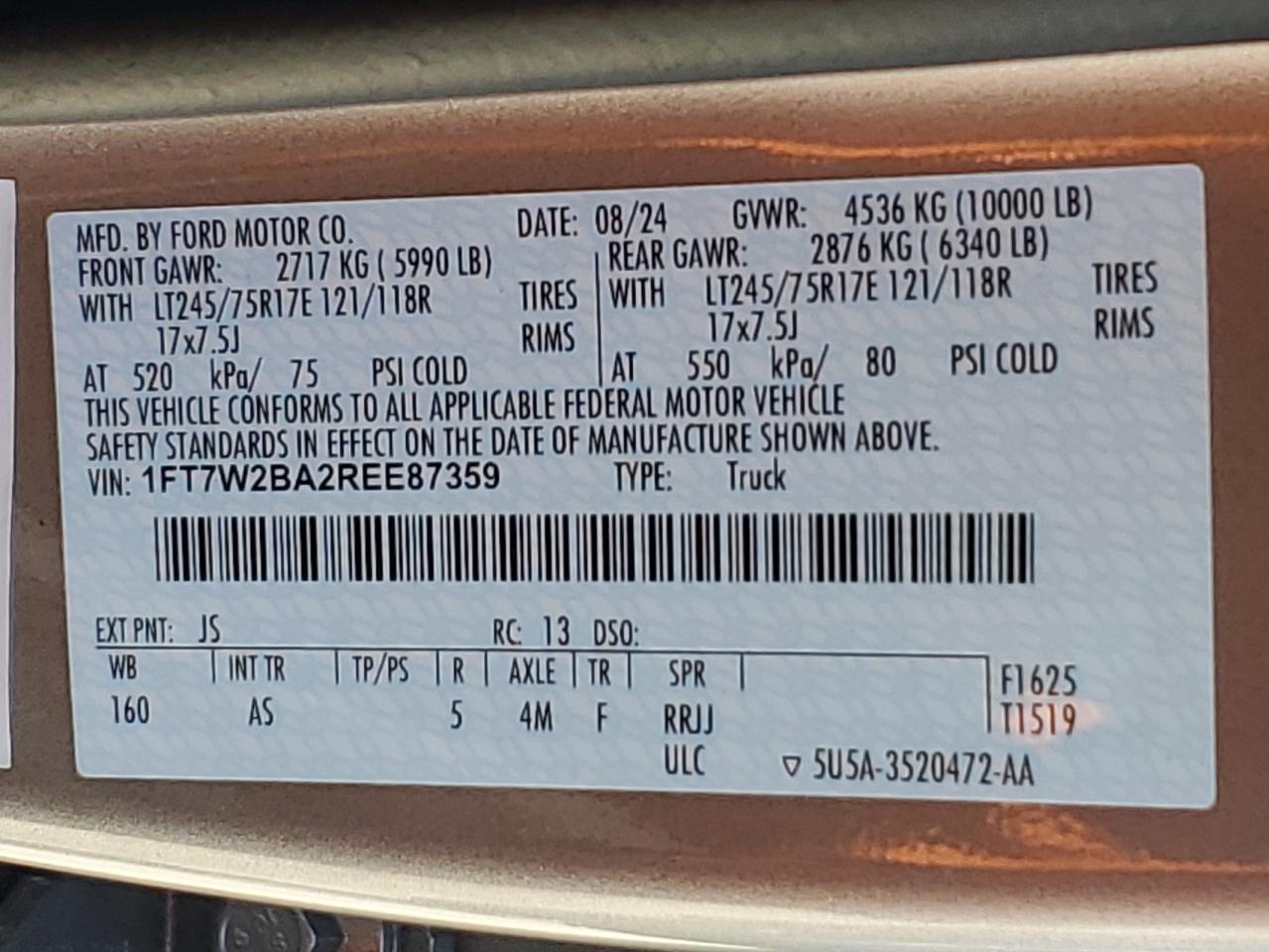 2024 Ford F250 Super Duty VIN: 1FT7W2BA2REE87359 Lot: 84938675