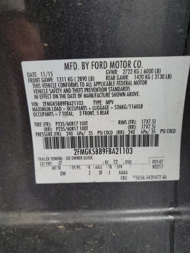 2015 Ford Flex Se VIN: 2FMGK5B89FBA21103 Lot: 82085485
