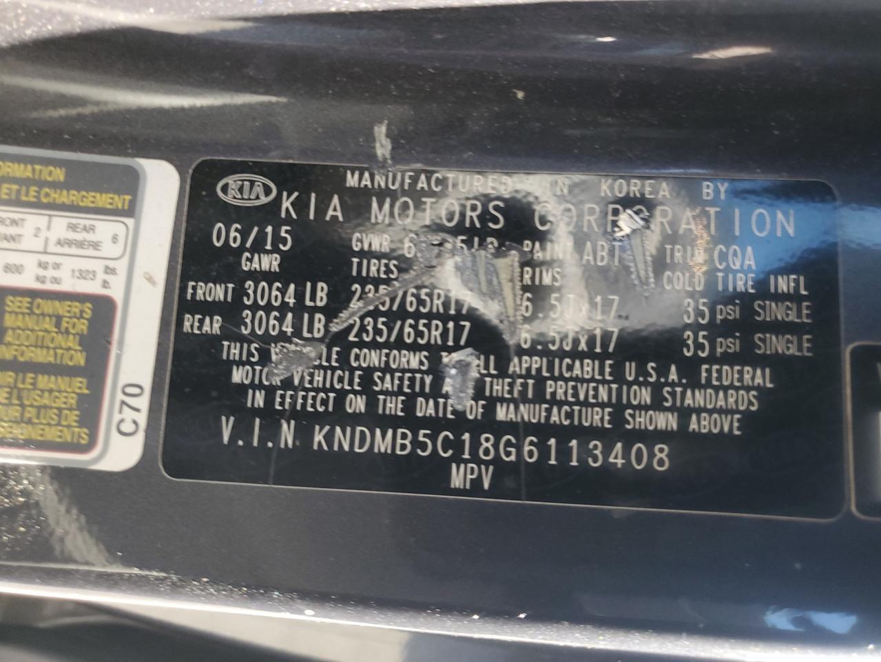 2016 Kia Sedona Lx VIN: KNDMB5C18G6113408 Lot: 84776015