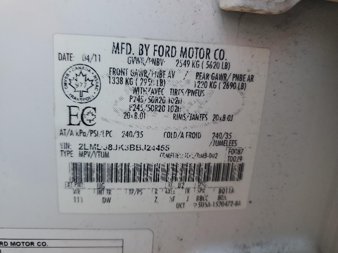 2011 Lincoln Mkx VIN: 2LMDJ8JK3BBJ24455 Lot: 90734035