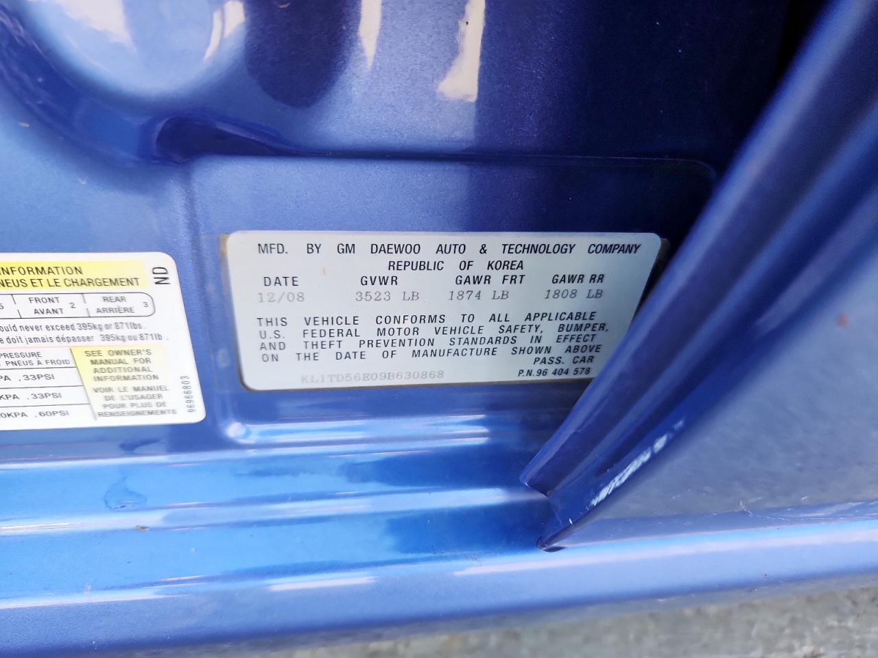 2009 Chevrolet Aveo Ls VIN: KL1TD56E09B630868 Lot: 85586205