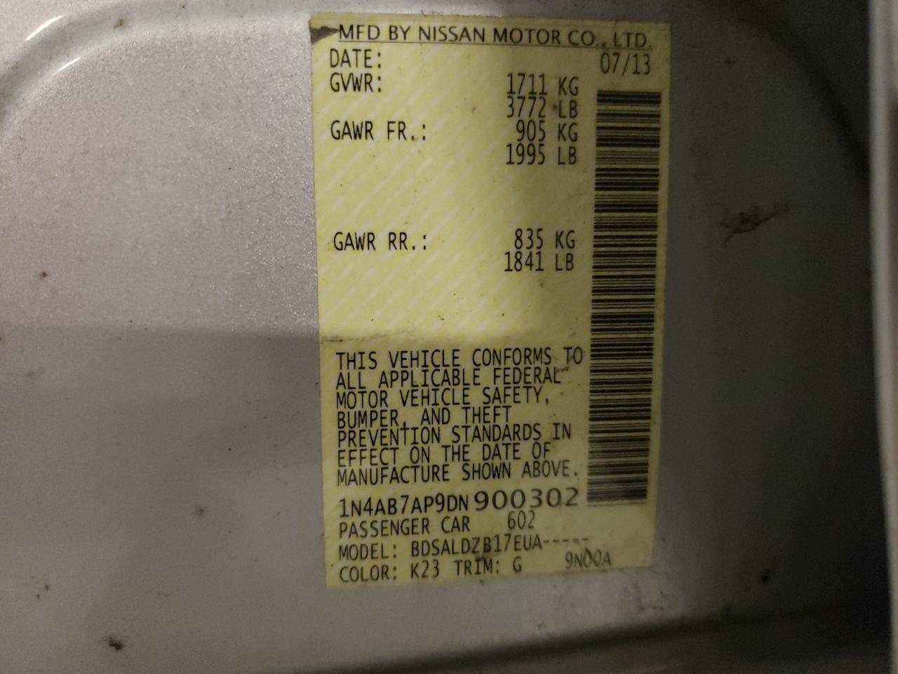 2013 Nissan Sentra S VIN: 1N4AB7AP9DN900302 Lot: 85685965