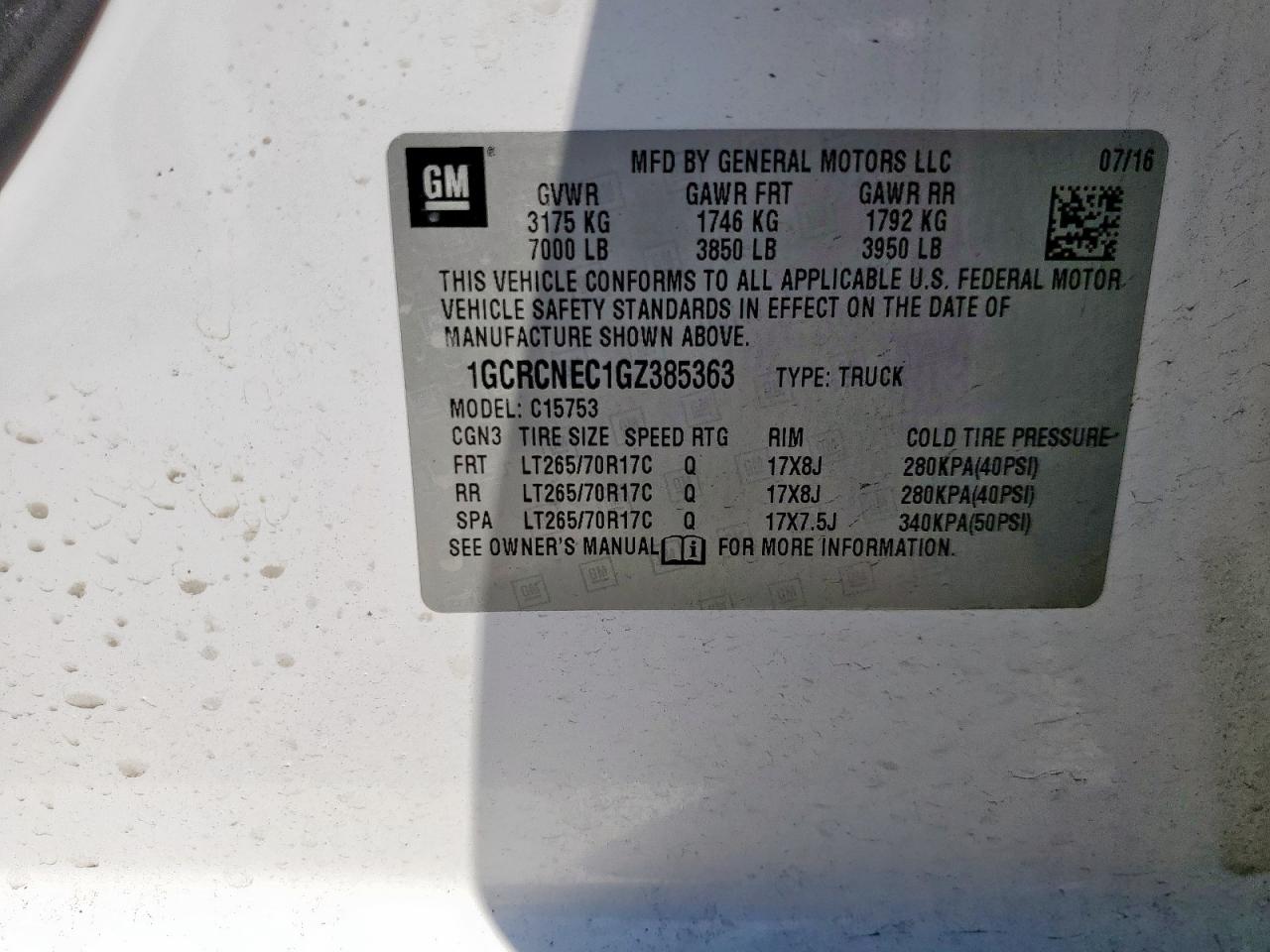 2016 Chevrolet Silverado C1500 VIN: 1GCRCNEC1GZ385363 Lot: 85264635