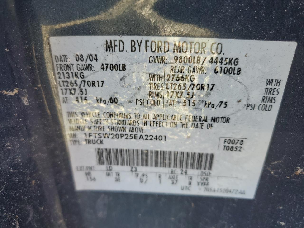 2005 Ford F250 Super Duty VIN: 1FTSW20P25EA22401 Lot: 84884705