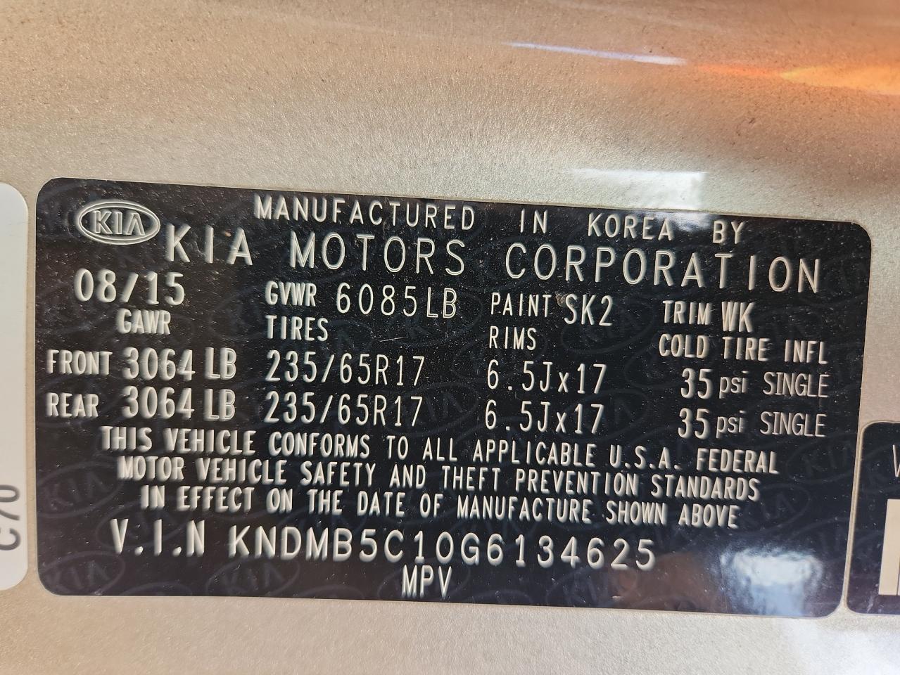 2016 Kia Sedona Lx VIN: KNDMB5C10G6134625 Lot: 85182415