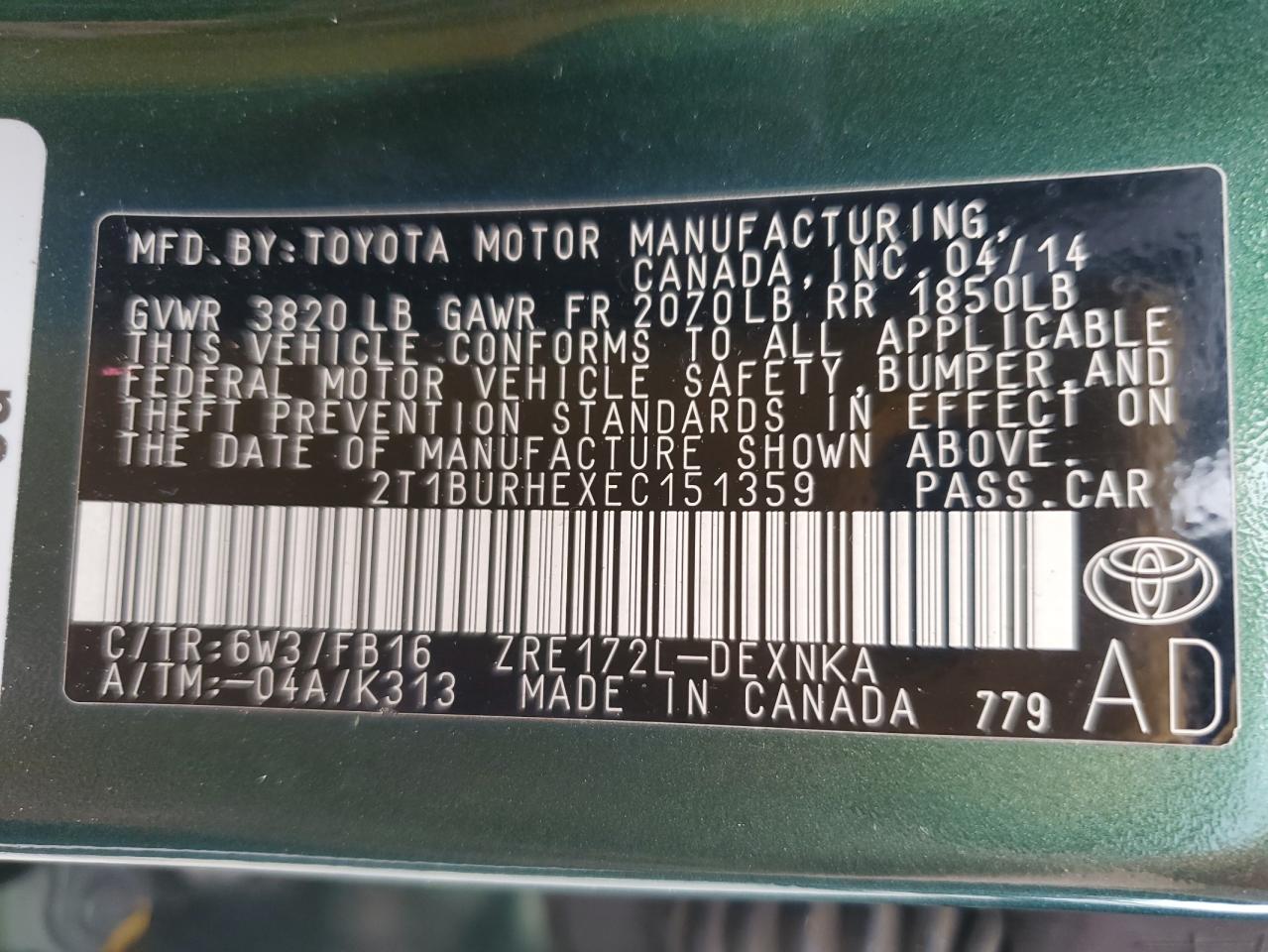 2014 Toyota Corolla L VIN: 2T1BURHEXEC151359 Lot: 84632895