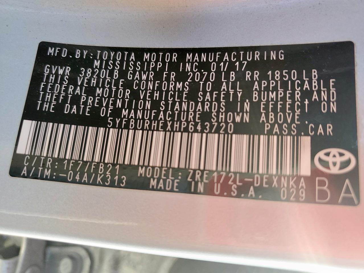 2017 Toyota Corolla L VIN: 5YFBURHEXHP643720 Lot: 81505395