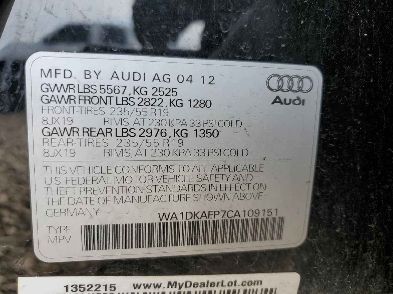 2012 Audi Q5 Premium Plus VIN: WA1DKAFP7CA109151 Lot: 91102585