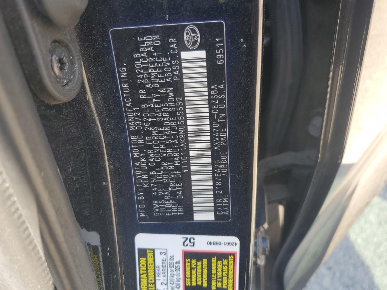 2021 Toyota Camry Se VIN: 4T1G11AK8MU565592 Lot: 84956025