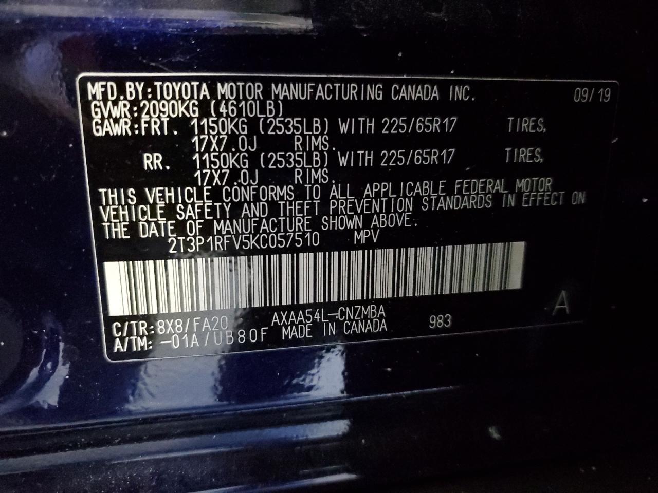 2019 Toyota Rav4 Xle VIN: 2T3P1RFV5KC057510 Lot: 85477155