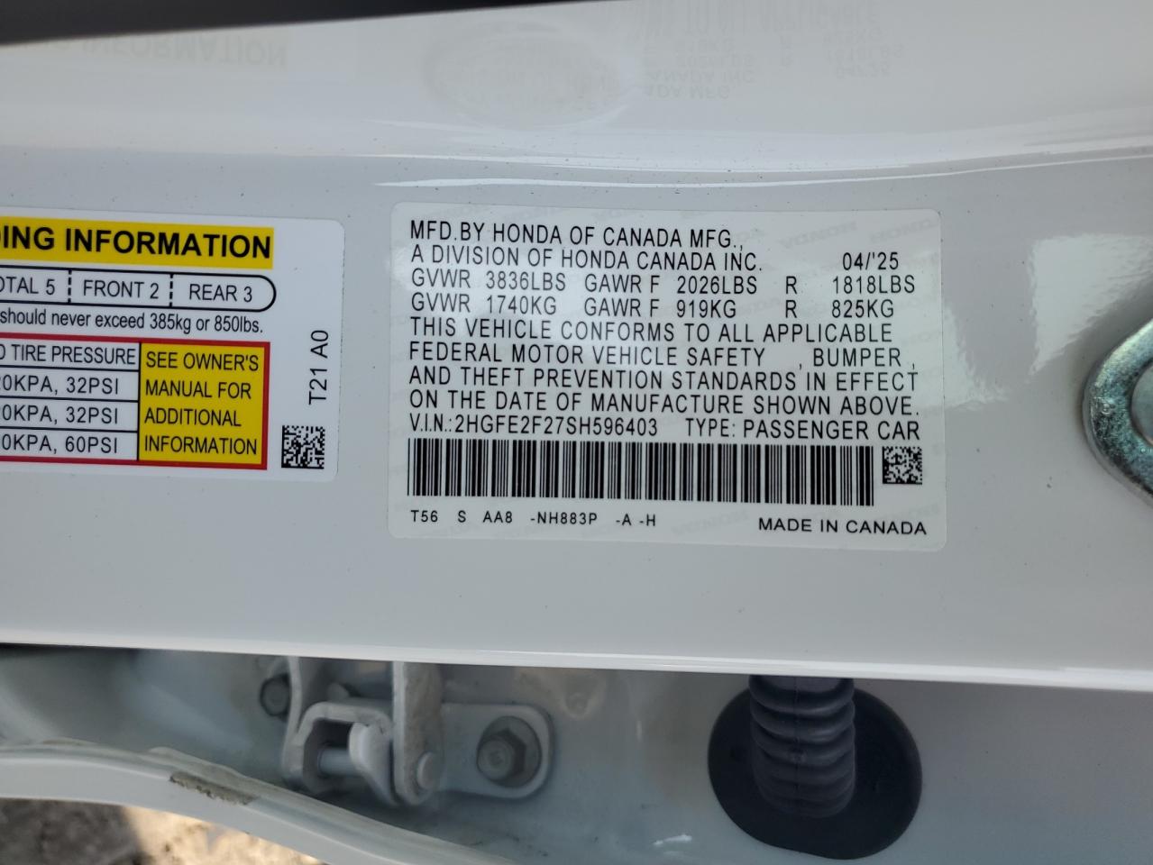 2025 Honda Civic Lx VIN: 2HGFE2F27SH596403 Lot: 82291495