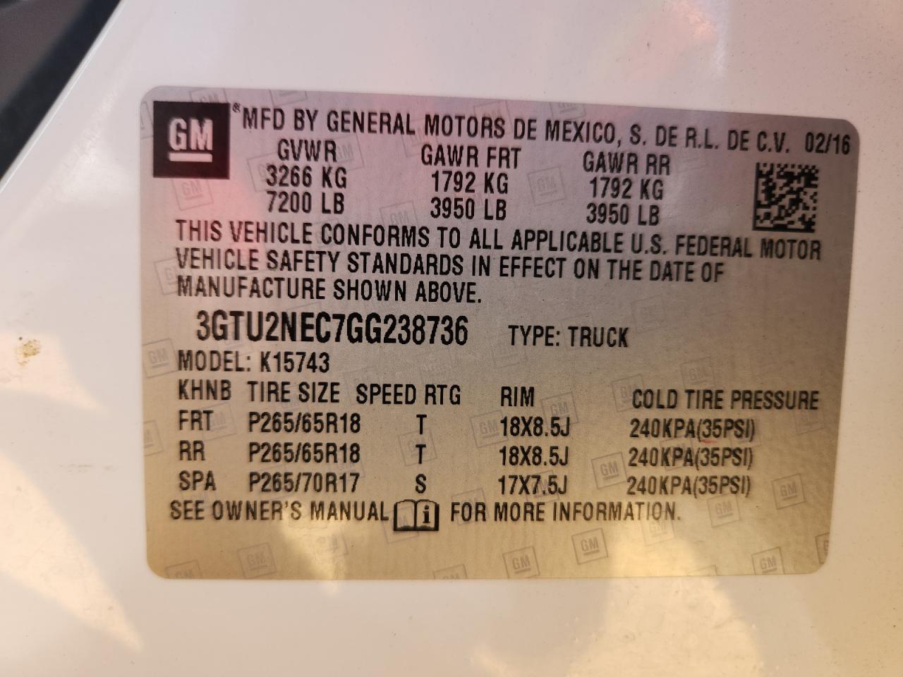 2016 GMC Sierra K1500 Slt VIN: 3GTU2NEC7GG238736 Lot: 82190975