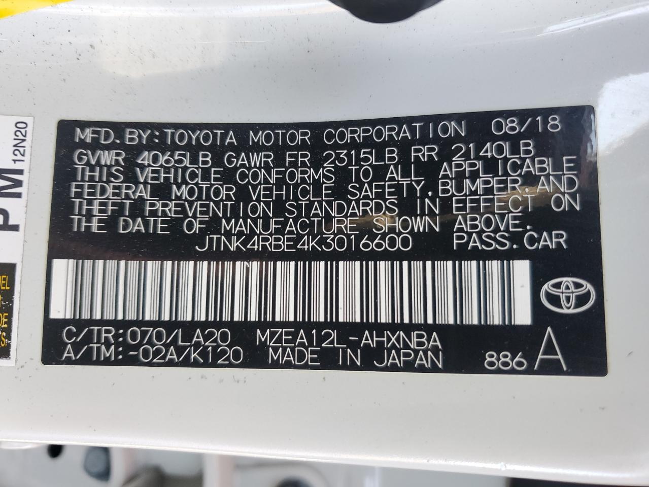 2019 Toyota Corolla Se VIN: JTNK4RBE4K3016600 Lot: 86170565