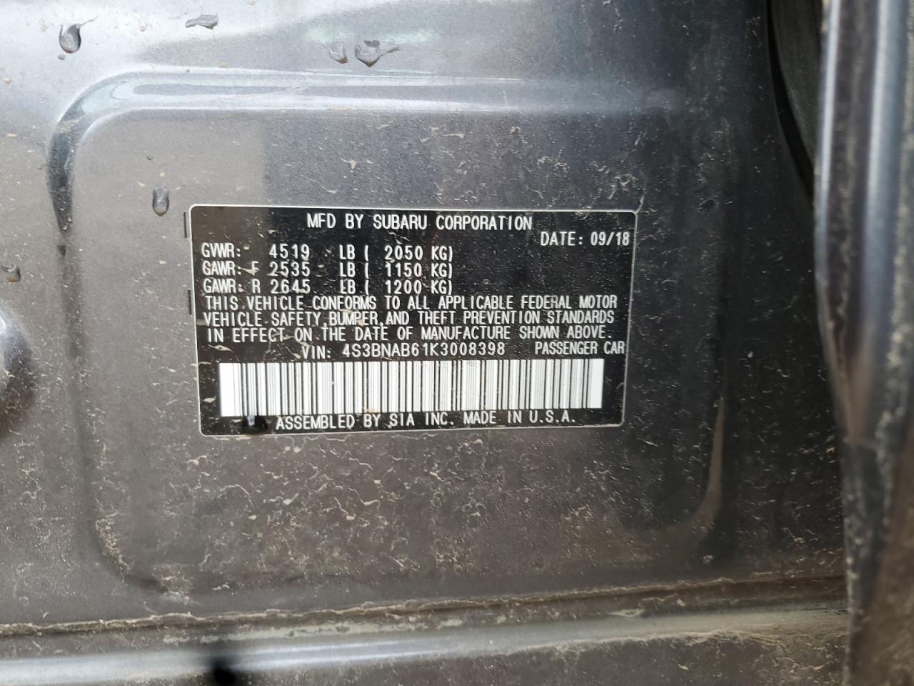 2019 Subaru Legacy 2.5I VIN: 4S3BNAB61K3008398 Lot: 87201855