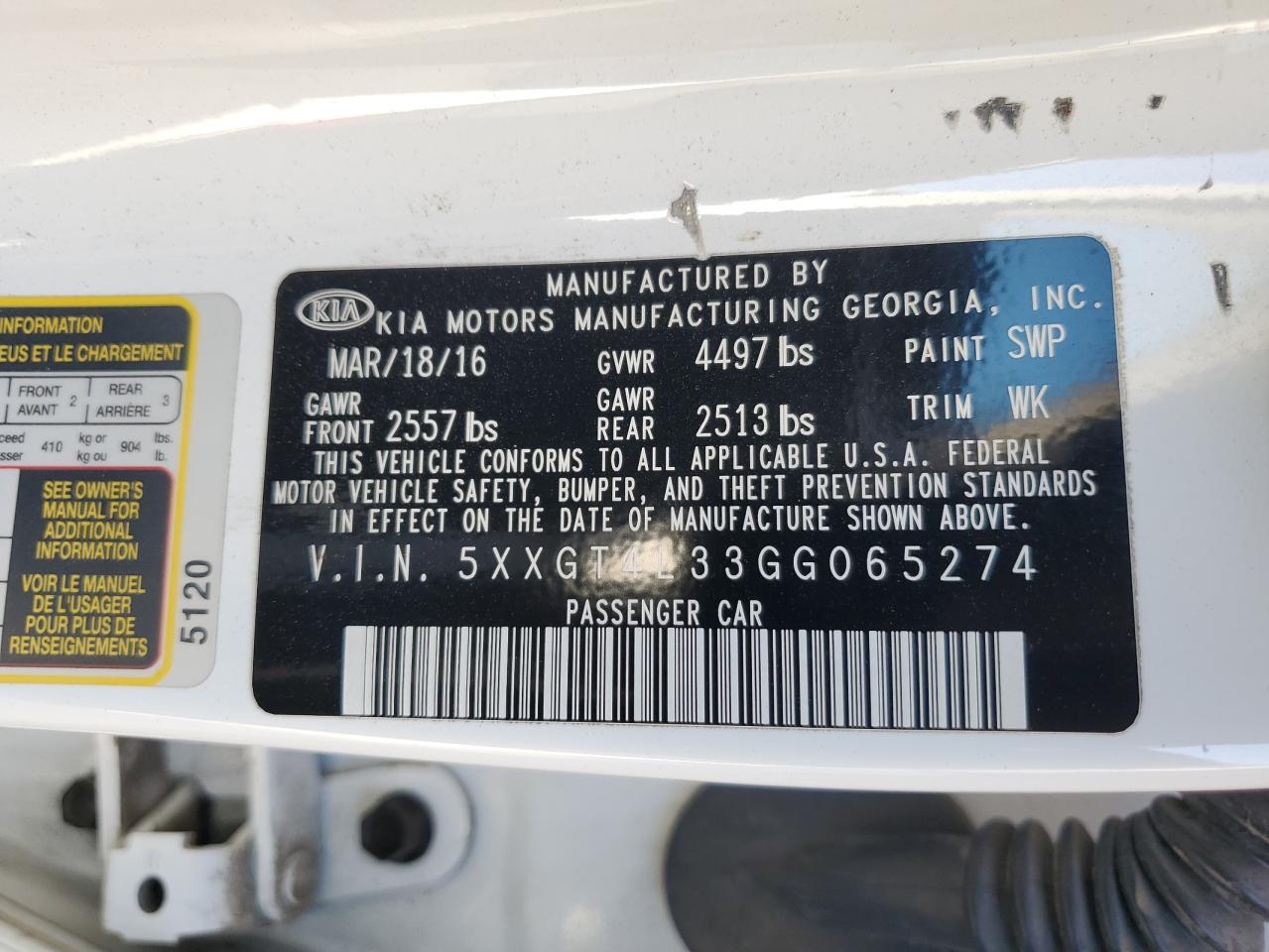 2016 Kia Optima Lx VIN: 5XXGT4L33GG065274 Lot: 85285665