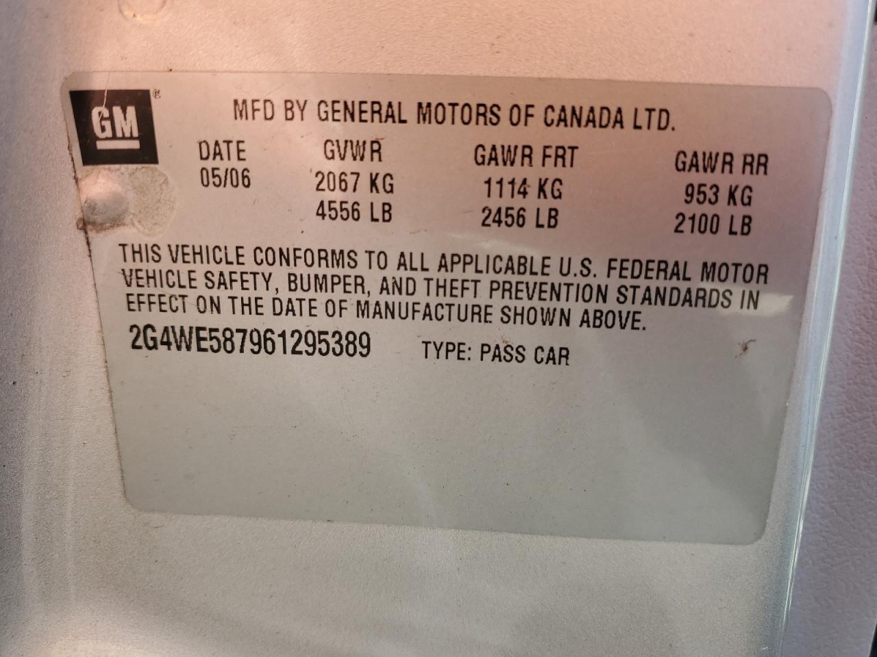 2006 Buick Lacrosse Cxs VIN: 2G4WE587961295389 Lot: 84881775